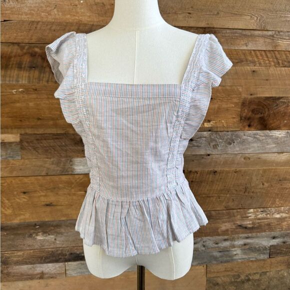 Japna Woman's Smocked back Peplum Square Neck Striped Ruffles Top Sz L - Picture 4 of 11